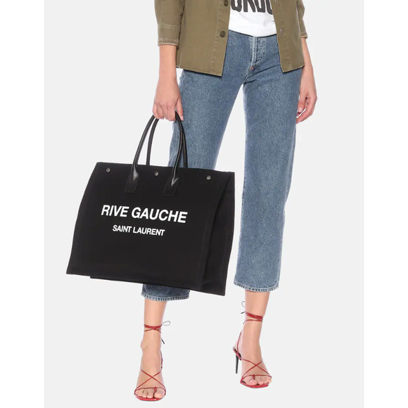 $1990 NEW YSL Saint Laurent LARGE Rive Gauche Black Summer Linen Tote Beach Bag - Picture 2 of 12